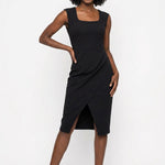 Black sleeveless sheath dress with square neckline, high-waist band, draped front slit skirt; Black woman, front view,