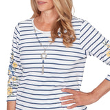 Alfred Dunner Floral Embroidered Stripe Top with Necklace