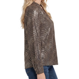 NY Collection Petite Long Sleeve V Neck Blouse With Metallic Print