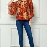 3/4 Kimono Sleeve Cutout Trim Front Neck Mix Media Blouse