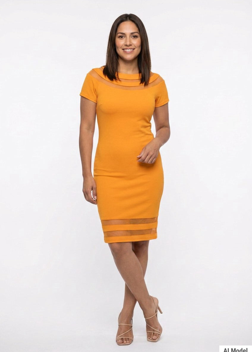 Mustard yellow short-sleeve sheath dress with mesh insets at boat neckline and hem, worn by a brunette woman, front view.