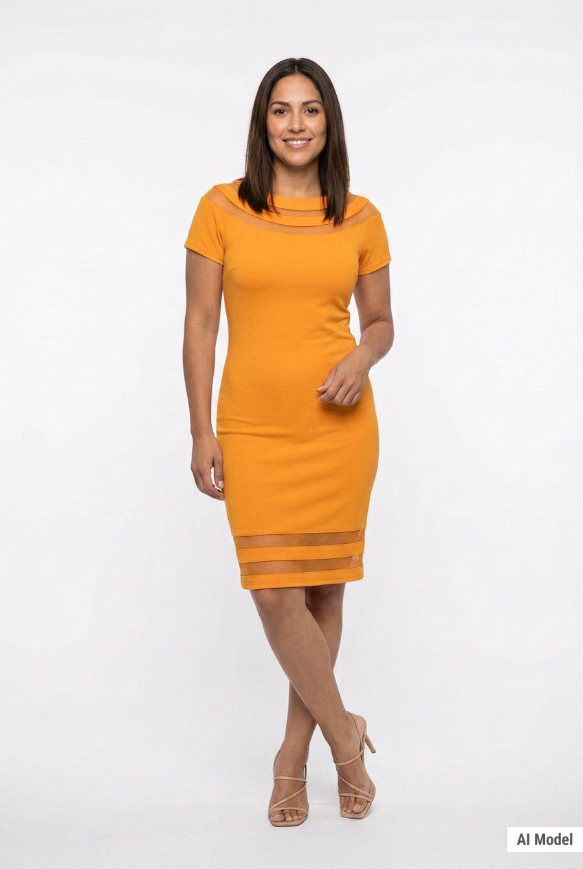 Mustard yellow short-sleeve sheath dress with mesh insets at boat neckline and hem, worn by a brunette woman, front view.