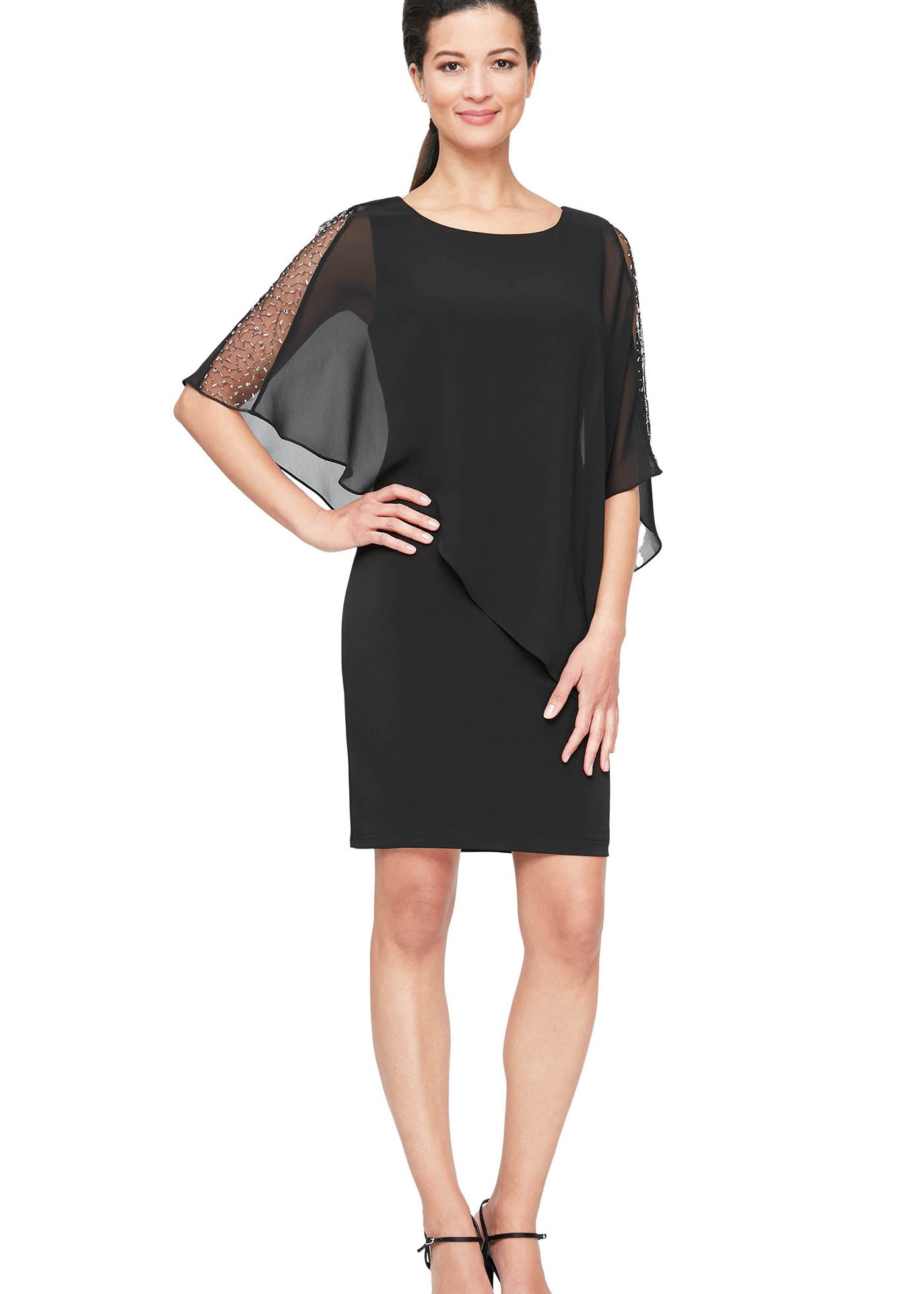 chiffon capelet sheath dress Sheath/Column Bateau Chiffon Tea-Length Mother of the Bride Dress with Appliqued Flowers Sequins S5046M - Mother of the Bride Dresses