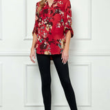 3/4 Button Tab Sleeve Mandarin Collar Button Front Placket Hi-Low Popover Blouse