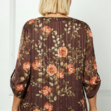 3/4 Button Tab Sleeve Mandarin Collar Button Front Placket Popover Lined Blouse with Lurex and Brown Studs - Plus