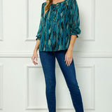 3/4 Smock Sleeve & Shoulder, Beaded Tie Front Neck Blouse in Teal