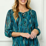 3/4 Smock Sleeve & Shoulder, Beaded Tie Front Neck Blouse in Teal