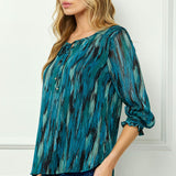 3/4 Smock Sleeve & Shoulder, Beaded Tie Front Neck Blouse in Teal