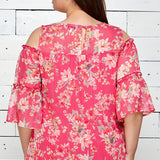 3/4 Double Ruffle Cold Shoulder Lace Inset Blouse in Pink - Plus