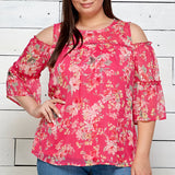 3/4 Double Ruffle Cold Shoulder Lace Inset Blouse in Pink - Plus