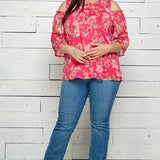 3/4 Double Ruffle Cold Shoulder Lace Inset Blouse in Pink - Plus