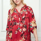 3/4 Button Tab Sleeve Mandarin Collar Button Front Placket Hi-Low Popover Blouse - Plus
