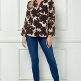 3/4 Ruffle Tie Sleeve Button Front Placket Mandarin Collar Mix Media Popover Blouse