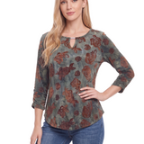 NY Collection Petite 3/4 Sleeve Flocked Knit Pullover Top