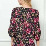 3/4 Button Tab Sleeve Chain Trim Front Pleat Scoop Neck Blouse
