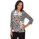 Alfred Dunner Geometric Scroll Patchwork Split Neck Top- Petite