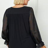 Long Ruffle Sleeve Cutout Removable Trim Fromt Boat Neck Mix Media Blouse - Plus