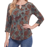 NY Collection Petite 3/4 Sleeve Flocked Knit Pullover Top