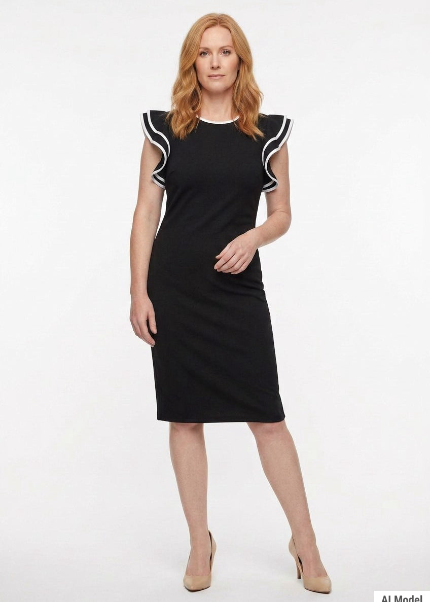 Black knee-length sheath dress with flutter sleeves and white contrast tipping at neckline and sleeve edges, worn by a