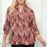 3/4 Button Tab Sleeve Johnny Collar Patch Pockets Button Front Blouse - Plus