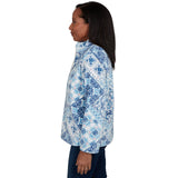Alfred Dunner Soft Medallion Zip Front Jacket - Navy