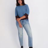 Color Block Three-Quarter Sleeve Pullover - Blue/Chocolate