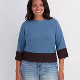 Color Block Three-Quarter Sleeve Pullover - Blue/Chocolate