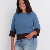 Color Block Three-Quarter Sleeve Pullover - Blue/Chocolate