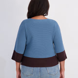 Color Block Three-Quarter Sleeve Pullover - Blue/Chocolate