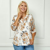 3/4 Button Tab Sleeve Pintuck Mandarin Collar Popover Blouse in Ivory - Plus