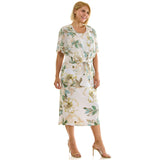 Sleeveless Maxi Dress With Separate Front Tie Shrug In Cream/Green/Taupe - Plus