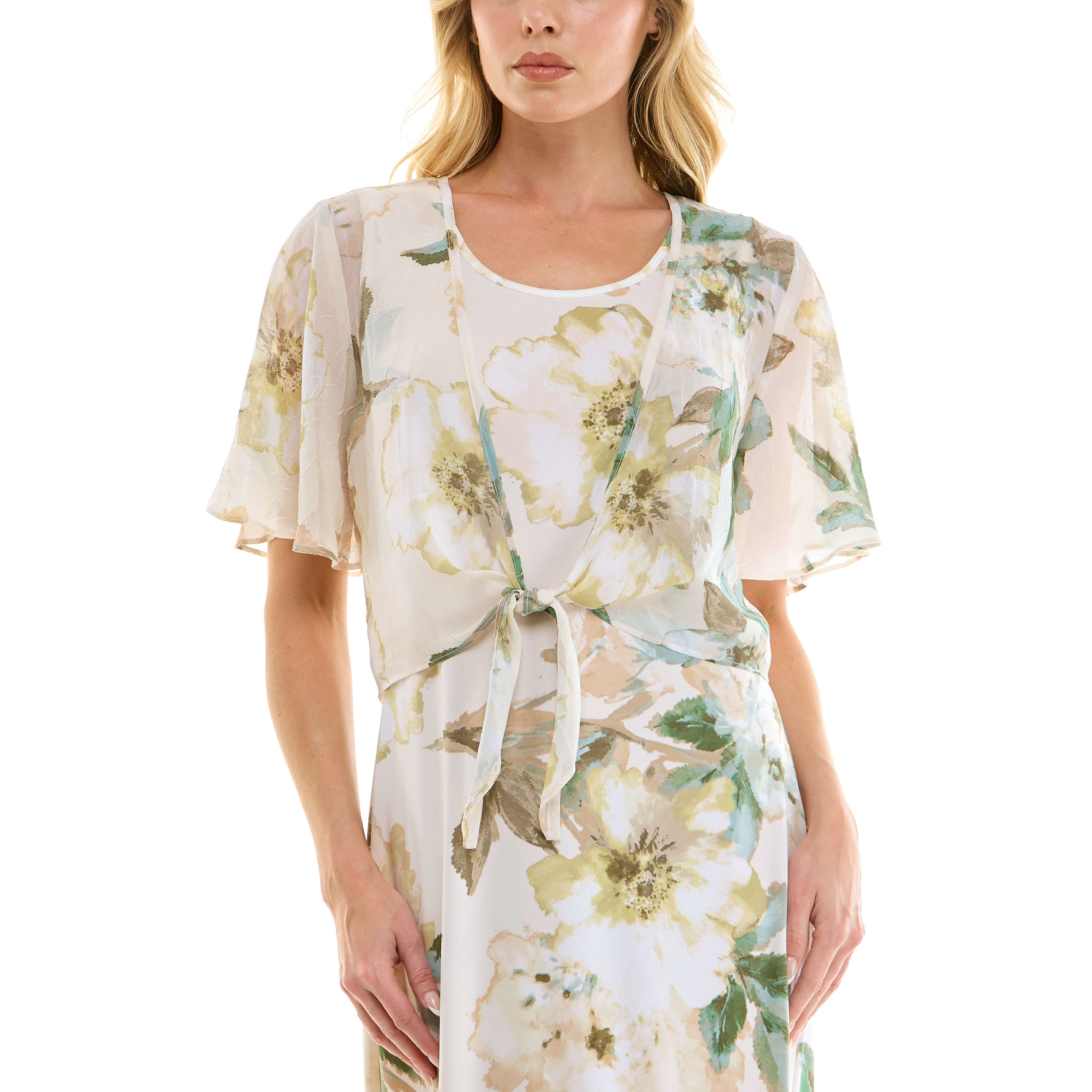 Sleeveless Maxi Dress With Separate Front Tie Shrug In Cream/Green/Tau – Dressbarn