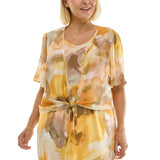 Sleeveless Maxi Dress With Separate Front Tie Shrug In Sage/Yellow/Taupe - Plus
