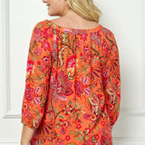 3/4 Sleeve Beaded Tie-Neck Blouse in Orange/Magenta/Olive - Plus