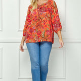3/4 Sleeve Beaded Tie-Neck Blouse in Orange/Magenta/Olive - Plus