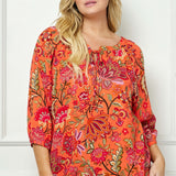 3/4 Sleeve Beaded Tie-Neck Blouse in Orange/Magenta/Olive - Plus