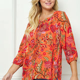 3/4 Sleeve Beaded Tie-Neck Blouse in Orange/Magenta/Olive - Plus