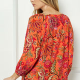 3/4 Sleeve Beaded Tie-Neck Blouse in Orange/Magenta/Olive