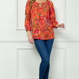 3/4 Sleeve Beaded Tie-Neck Blouse in Orange/Magenta/Olive