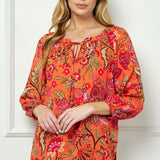 3/4 Sleeve Beaded Tie-Neck Blouse in Orange/Magenta/Olive