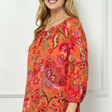 3/4 Sleeve Beaded Tie-Neck Blouse in Orange/Magenta/Olive