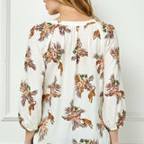 3/4 Sleeve Beaded Tie-Neck Blouse in Cream/Mocha/Coral