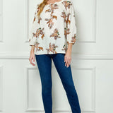3/4 Sleeve Beaded Tie-Neck Blouse in Cream/Mocha/Coral