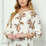 3/4 Sleeve Beaded Tie-Neck Blouse in Cream/Mocha/Coral