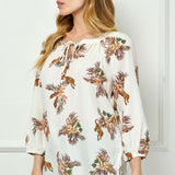 3/4 Sleeve Beaded Tie-Neck Blouse in Cream/Mocha/Coral