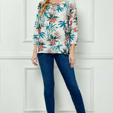 3/4 Sleeve Beaded Tie-Neck Blouse in Tan/Teal/Rust