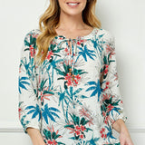 3/4 Sleeve Beaded Tie-Neck Blouse in Tan/Teal/Rust