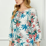 3/4 Sleeve Beaded Tie-Neck Blouse in Tan/Teal/Rust