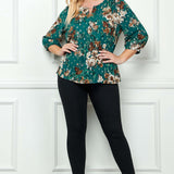 3/4 Button Cuff Sleeve Cutout Removable Trim Front Neck Dash Foil Overlay Blouse - Plus