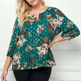 3/4 Button Cuff Sleeve Cutout Removable Trim Front Neck Dash Foil Overlay Blouse - Plus